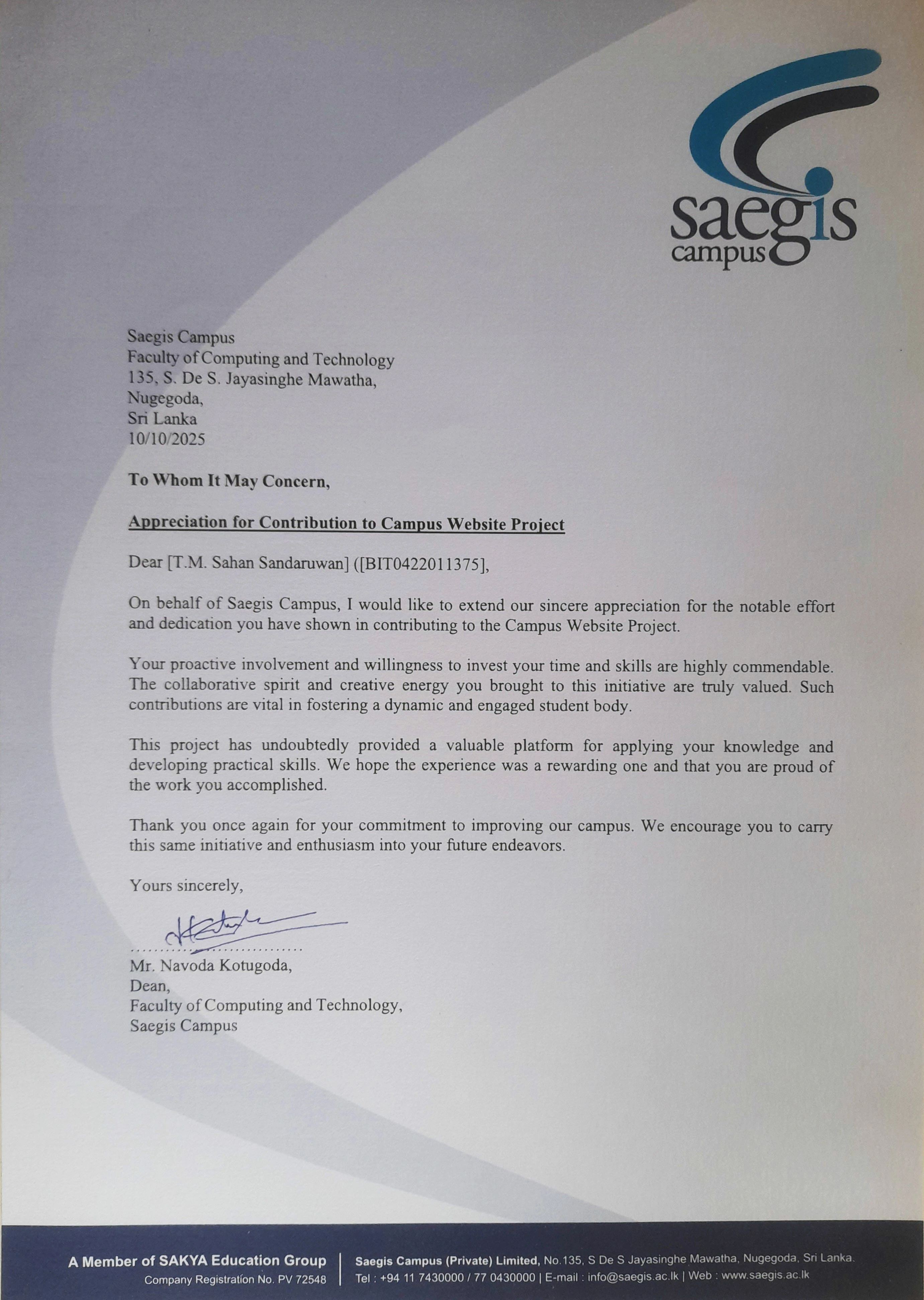 Appreciation and recommendation letter awarded to Sahan Sandaruwan by the Dean of the Faculty of Computing Technology at Saegis Campus