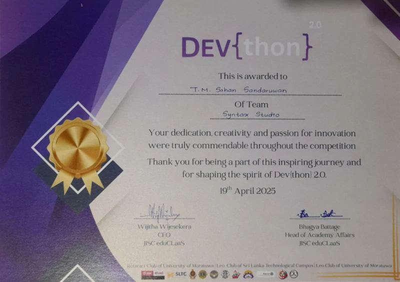 Sahan Sandaruwan selected as a finalist in Dev{thon} 2.0 competition organized by SLTC Research University and the University of Moratuwa