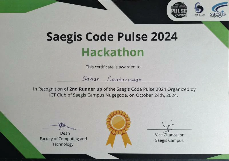 Third place certificate awarded to Sahan Sandaruwan at the Saegis Code Pulse hackathon organized by the ICT Club of Saegis Campus