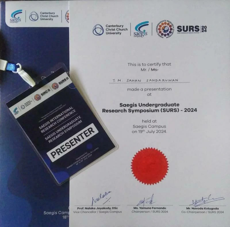 Sahan Sandaruwan presenting research at the Saegis Undergraduate Research Symposium 2024