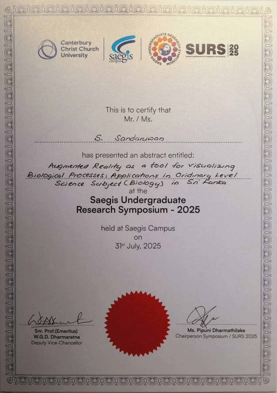 Sahan Sandaruwan presenting research at the Saegis Undergraduate Research Symposium 2025