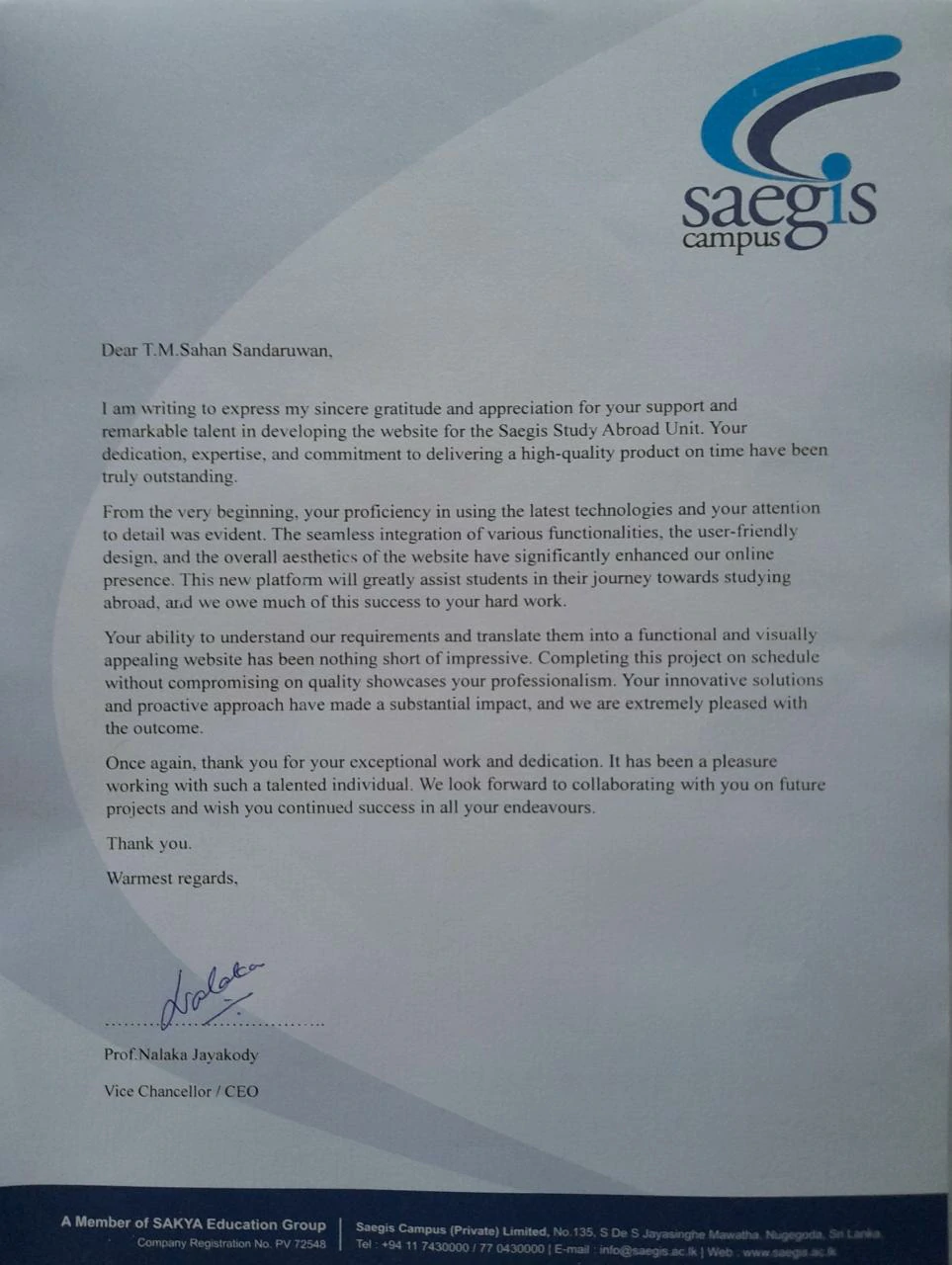 Appreciation and recommendation letter issued to Sahan Sandaruwan by the Vice Chancellor of Saegis Campus
